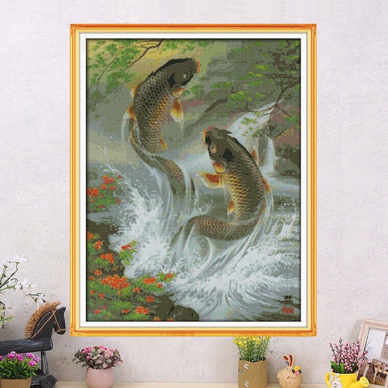 双鱼图鲤鱼跃龙门钻石绣十字绣鱼竖版客厅新款线绣鱼图案连年有余