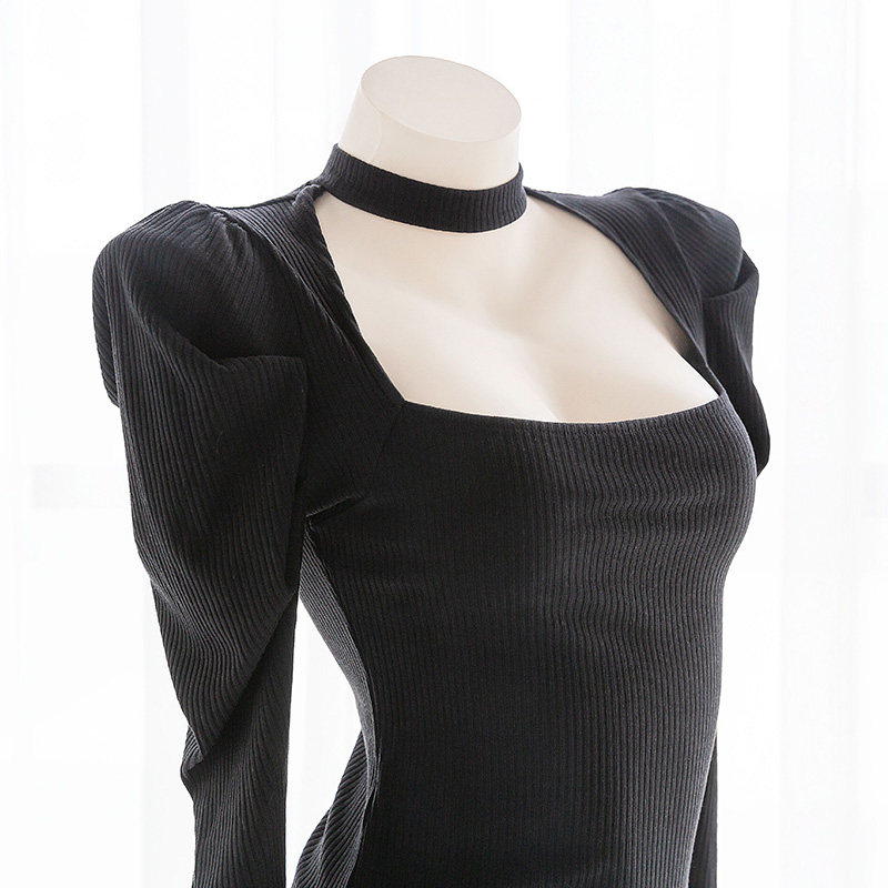 针织连体衣甜美性感开胸低胸脖环显瘦紧身打底动漫t恤