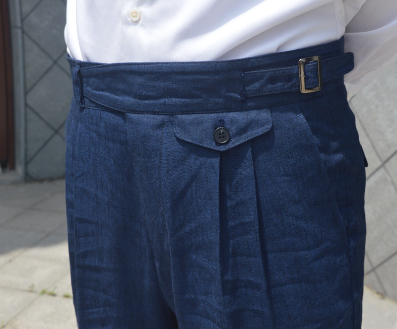 春夏新款军刀高腰蓝色亚麻gurkhapants复古尔格西裤