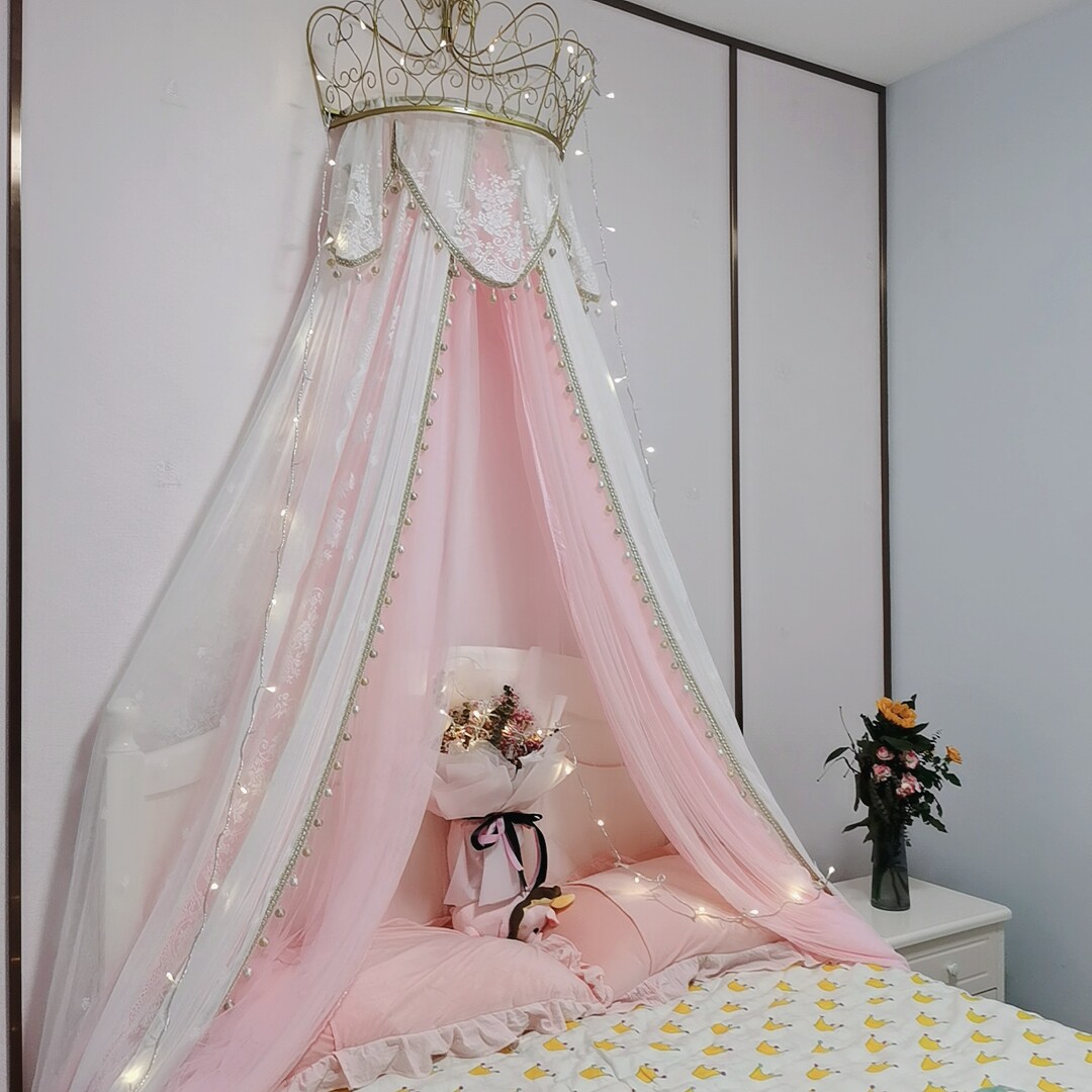 公主欧式床幔床头皇冠蚊帐装饰床帘落地毛球幔床幔
