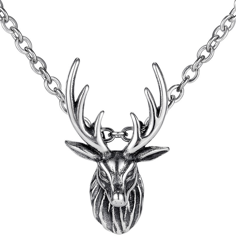 钛钢鹿头项链男潮嘻哈个性复古麋鹿鹿角吊坠项链