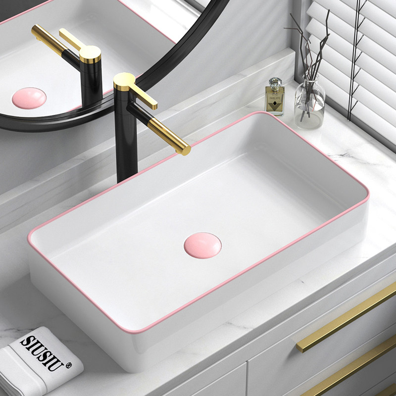 粉色粉边台上长方形洗手盆陶瓷洗漱水盆小号洗脸台上盆