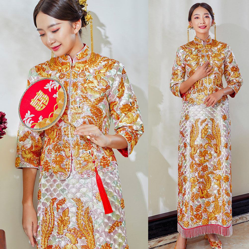 明星褂皇敬酒奢华中式裙褂龙凤双喜刺绣同款礼服