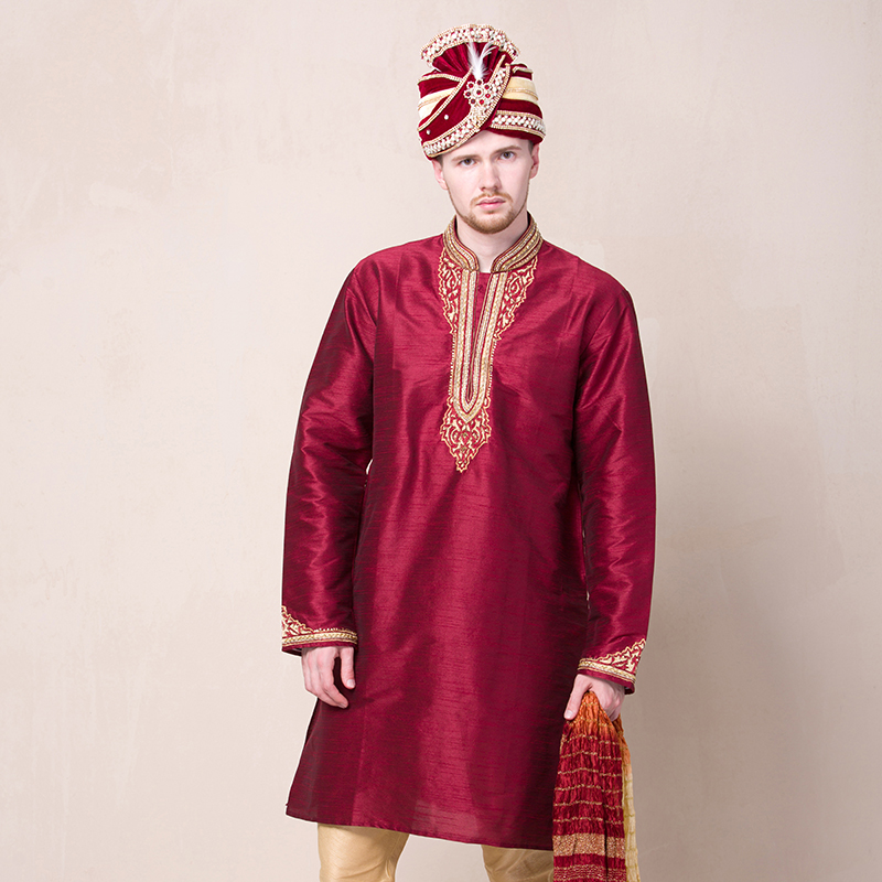 印度男装进口礼服件套民族风刺绣上衣裤子红色其他民族服装