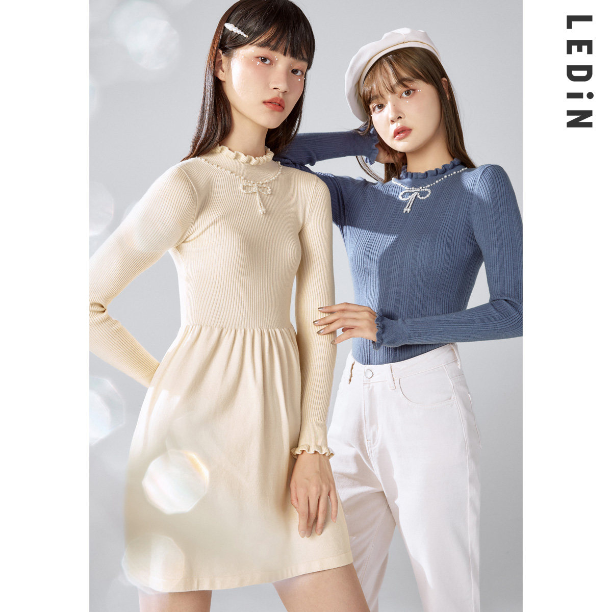 乐町针织衫新款2021春季女薄款打底珍珠高领毛衣毛针织衫