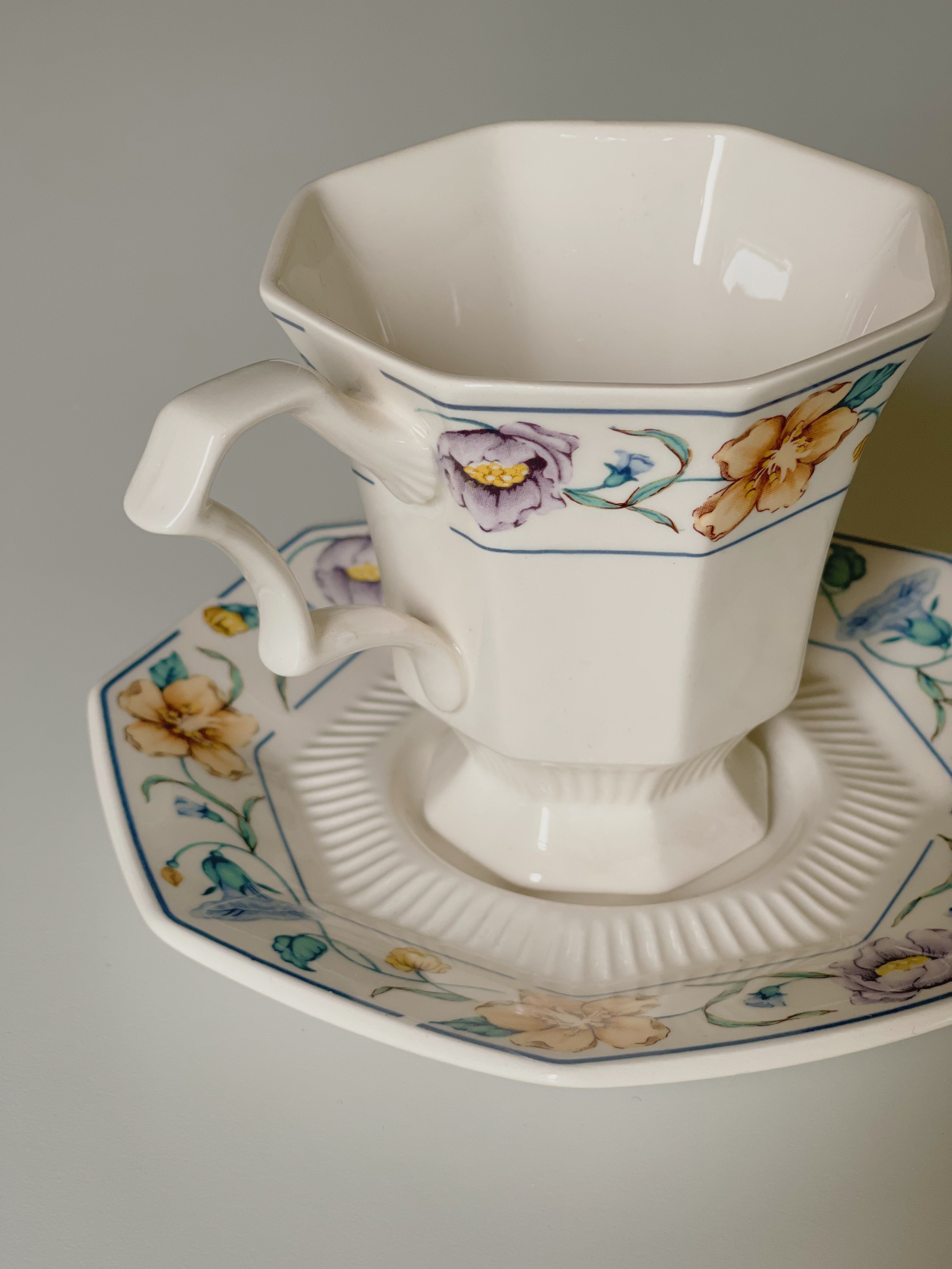 中古yuruui1990s日本八角印花花纹vintage陶瓷瓷杯玻璃杯