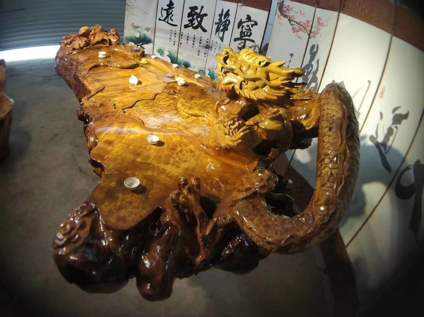 黄金根雕茶几原木整体树根工艺品雕龙流水茶台根雕茶几