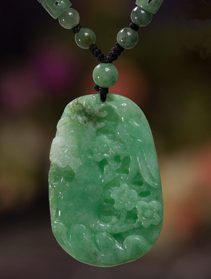 钰达翡翠喜上眉梢项坠喜鹊梅枝玉挂件翡翠a货玉石淡绿吊坠bca