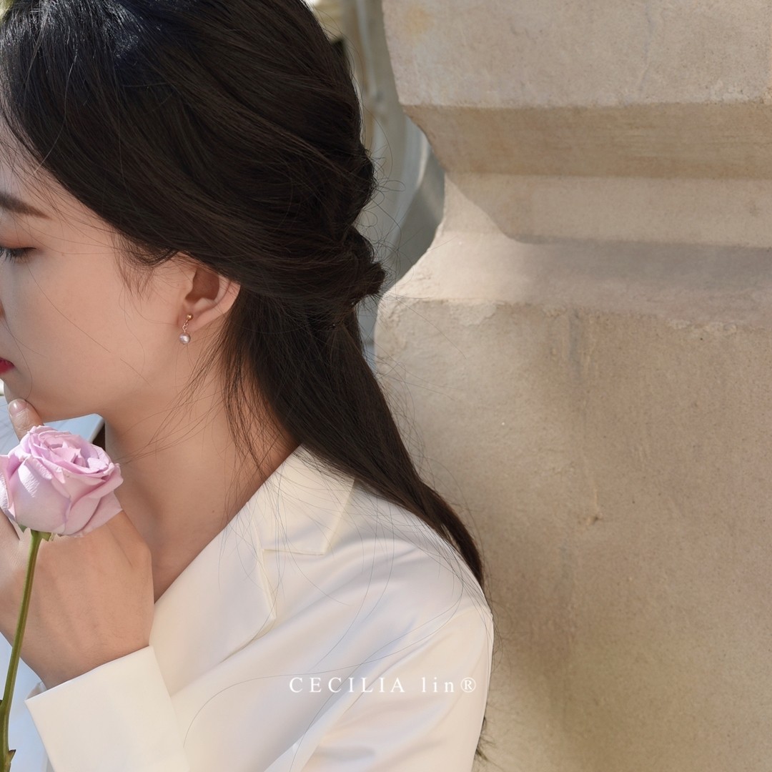 cecilialin温柔紫色天然珍珠14k包金耳钉蚊香耳夹耳钉