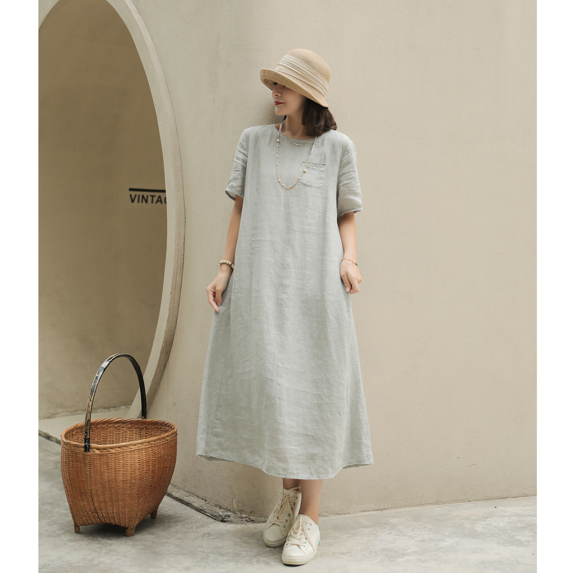 麻霖成衣优雅清新圆领乱针毛边染色亚麻女装连衣裙