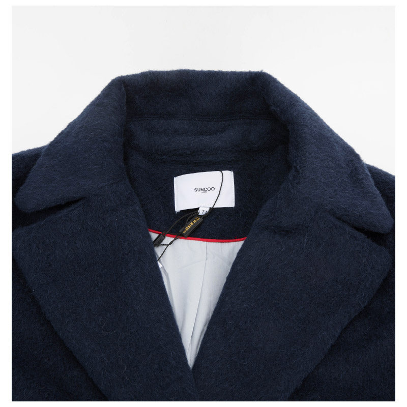 suncoo毛绒质地法式率性剪裁女士蓝色大衣毛呢外套