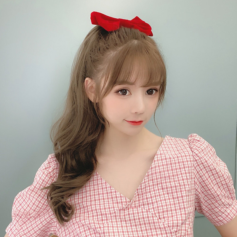 马尾大红红色蝴蝶结绑带一体式假发发辫逼真蓬松马尾