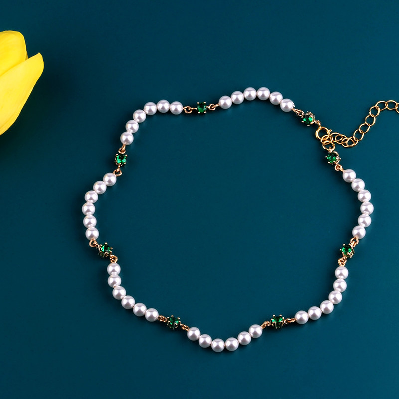 设计西迟原创绿色珍珠轻奢项链小众感颈锁骨项链
