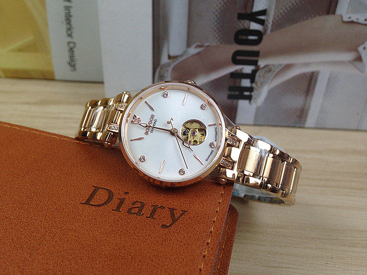 正品bowdor宝舵女士手表机械表镂空表盘全自动腕表国产腕表