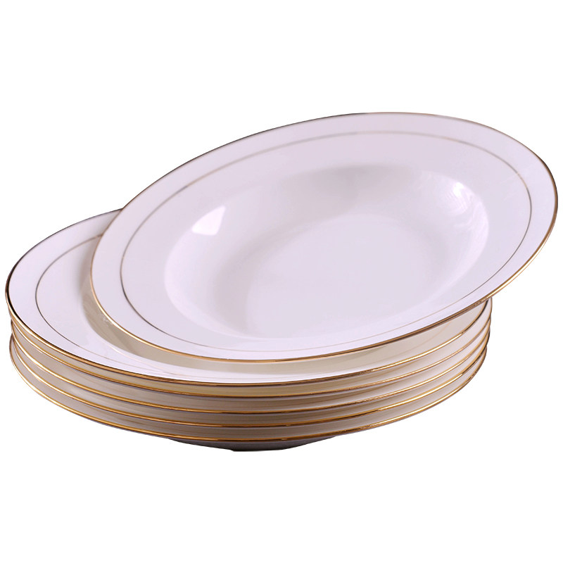 手工镶金家用金边盘子6个装景德镇骨瓷中式圆形盘