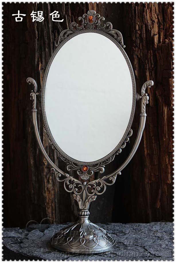 金属梳妆台镜子复古古典锡制台式双面化妆镜欧式柜镜