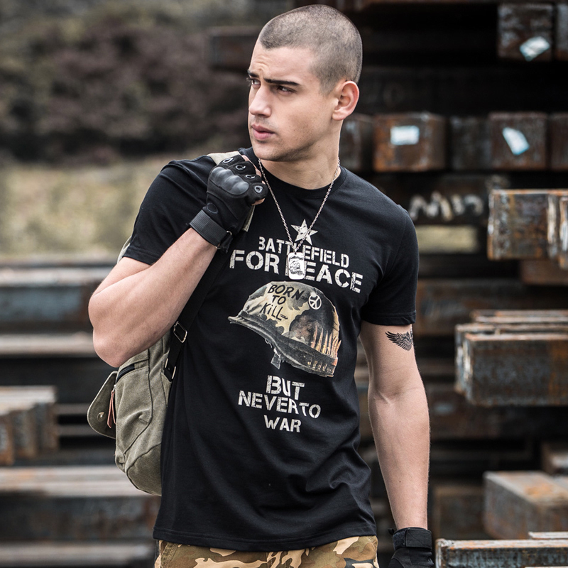 77男装 夏季新款硬汉体恤头盔字母做旧印花休闲圆领短袖T恤男AK