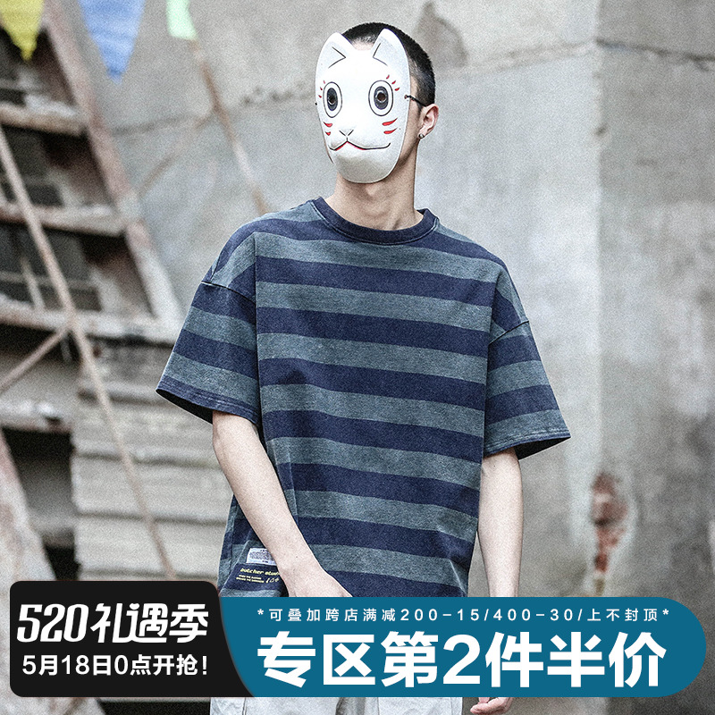 日系潮牌ins超火条纹短袖t恤男圆领宽松上衣韩版潮流男装学生半袖