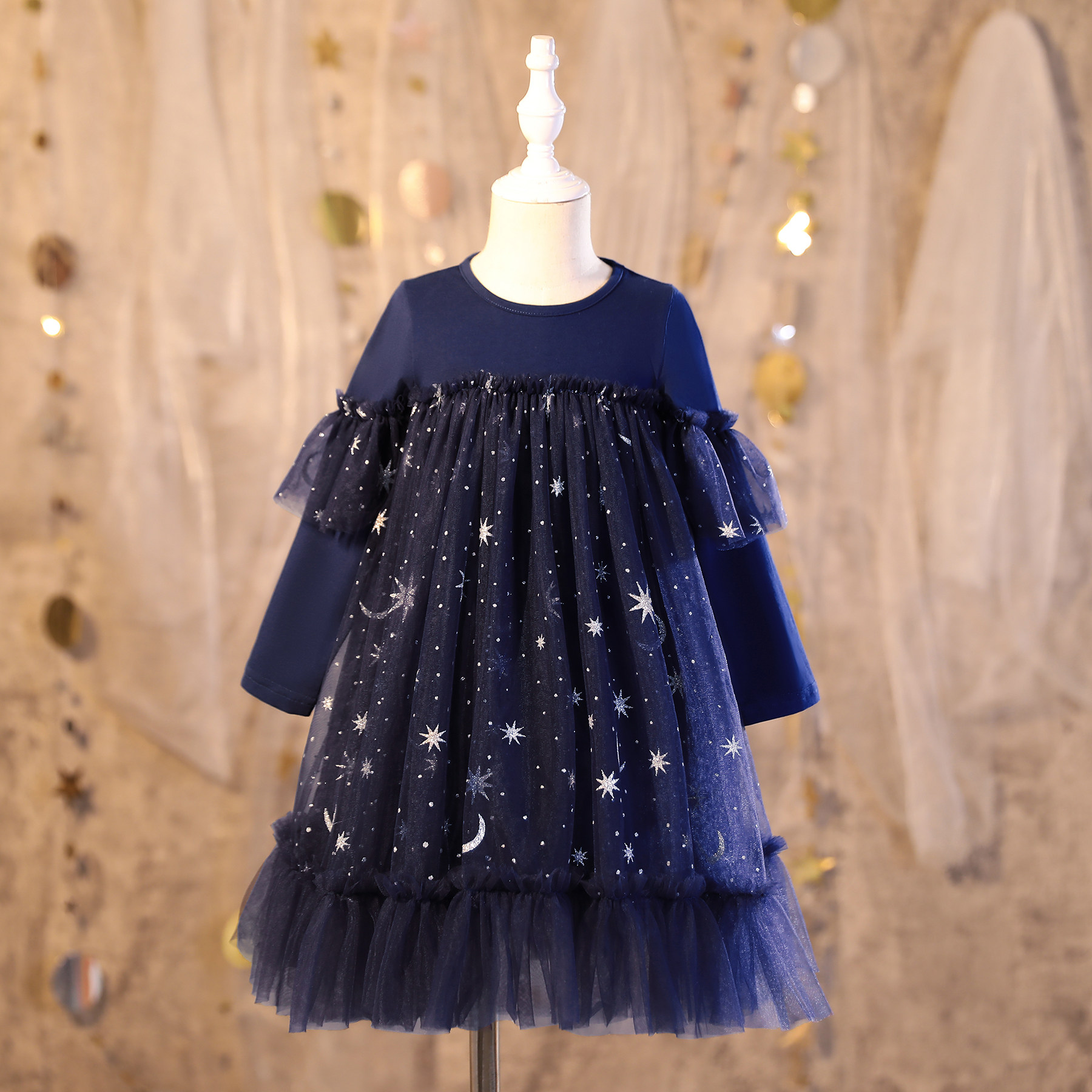 女童连衣裙2022韩版童裙春秋纯棉长袖童装星星亮片网纱女孩公主裙