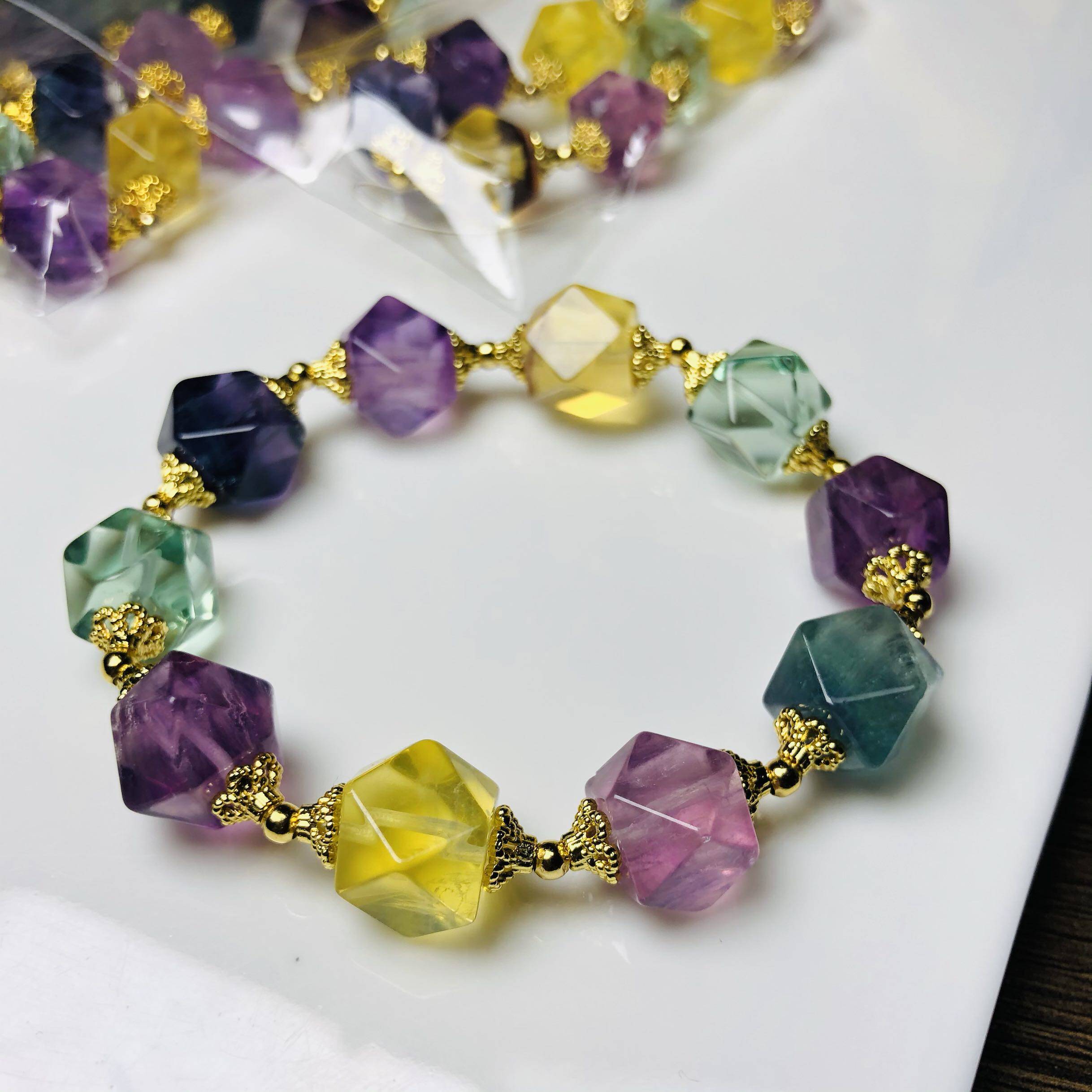 萤石手链天然然彩方糖暖宫棱角五行支持复检手链