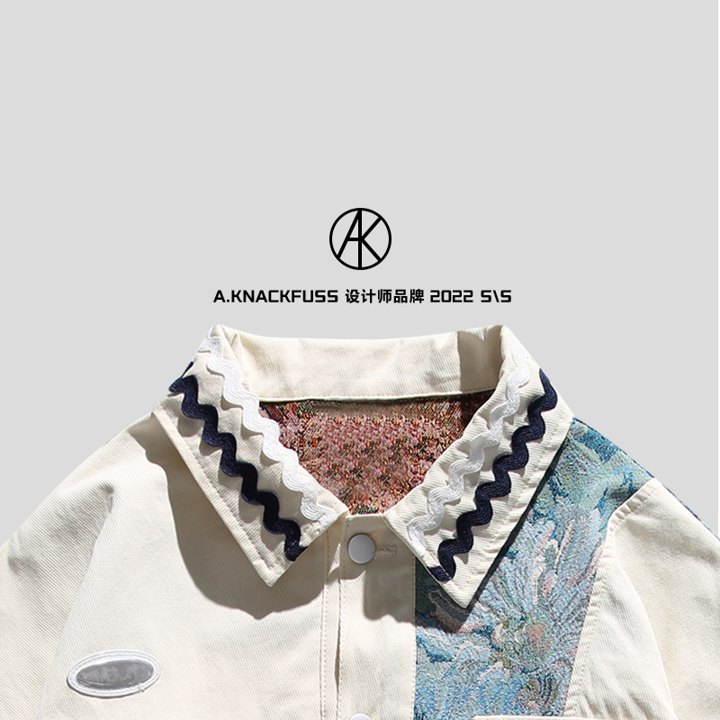 AKnackfuss设计师品牌 中国风 春季新款不规则图案拼接翻领夹克男