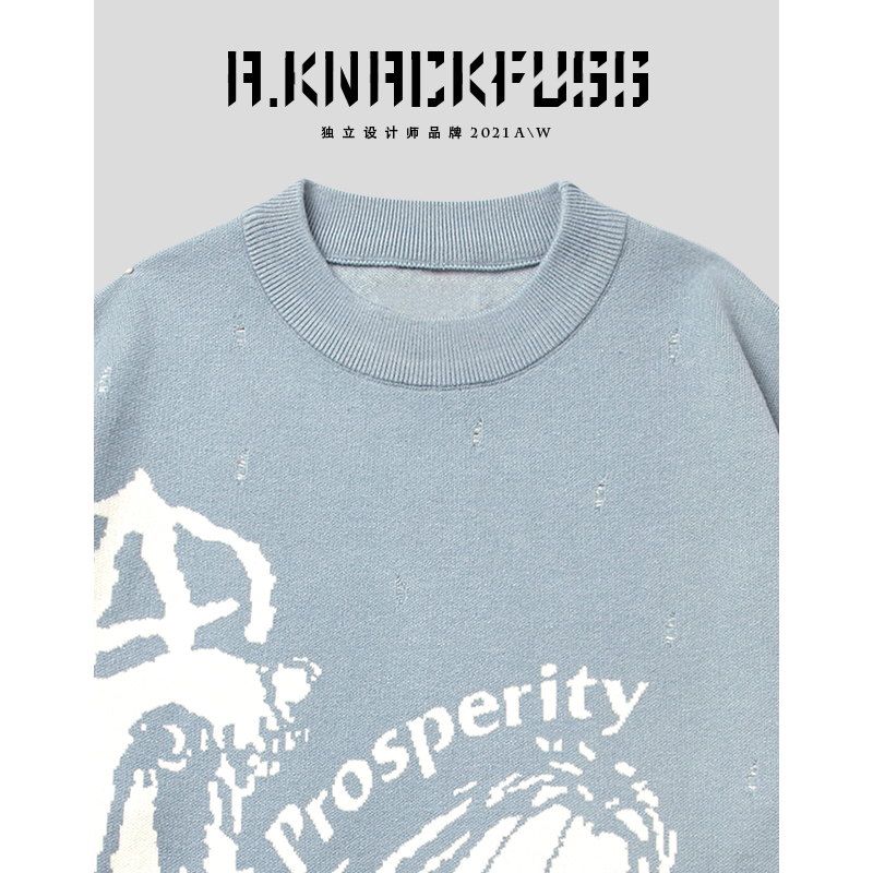 AKnackfuss设计师品牌 要开始唱歌了 冬季新款创意印花圆领毛衣男