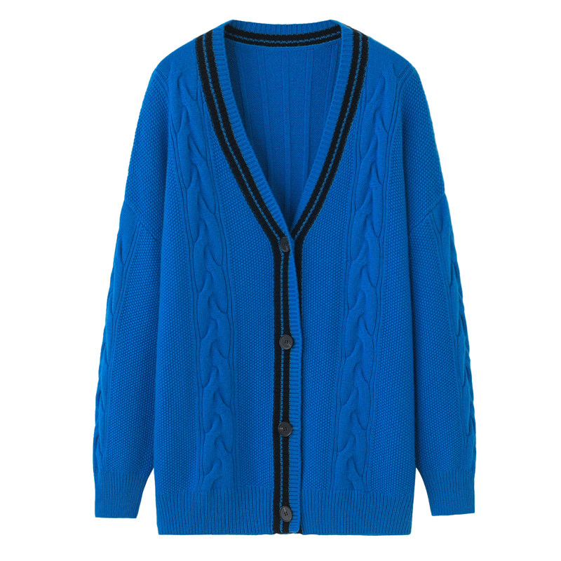 加厚秋冬新款女士羊绒衫对襟针织拼色开衫韩版毛衣