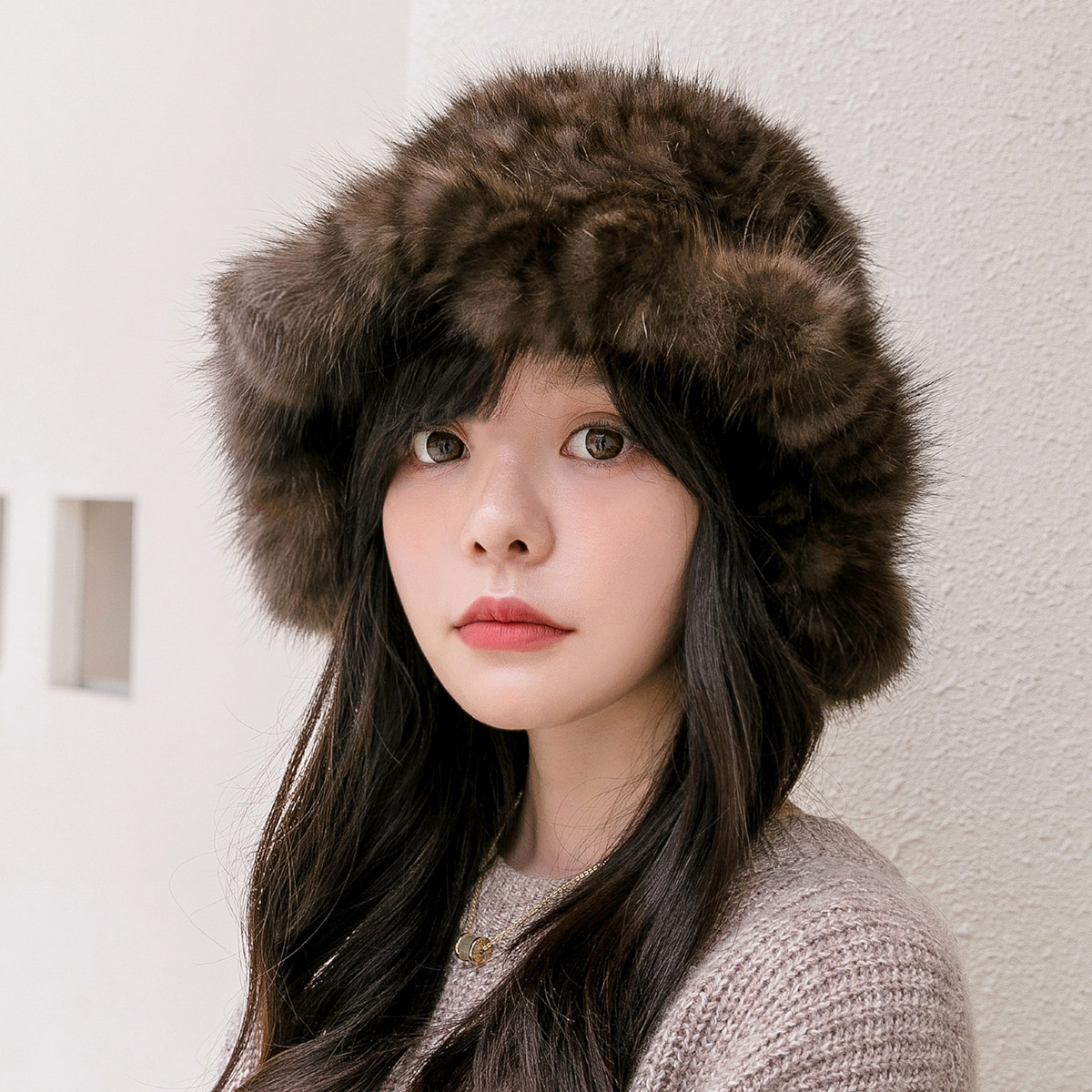 紫貂帽子女皮草毛毛帽子水貂貂毛优雅气质渔夫盆帽礼帽显脸小冬季