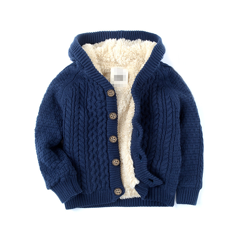 男童女童加绒加厚毛衣秋冬款中小儿童保暖针织开衫宝宝连帽线衣白