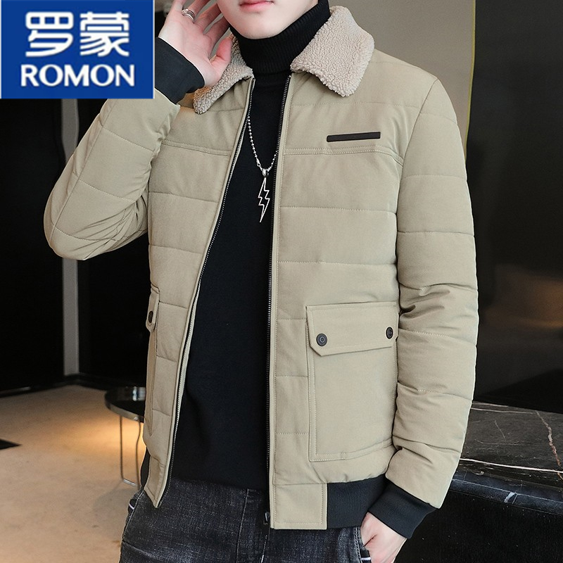 罗蒙棉衣男士冬季新款短款羊羔绒毛领羽绒棉服加厚棉袄外套潮流