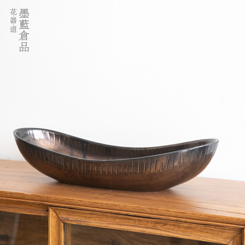 嵯峨日本进口陶瓷船型大花器花盘桌面日式花道花盆
