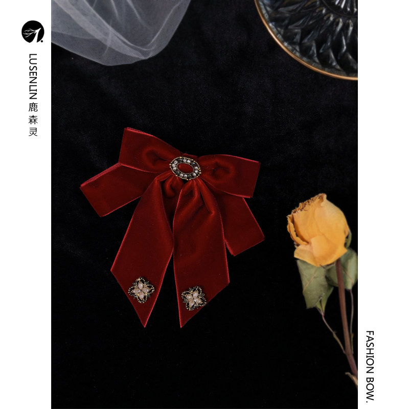 婚礼法式公主复古领结红色丝绒斜角别针领花领结