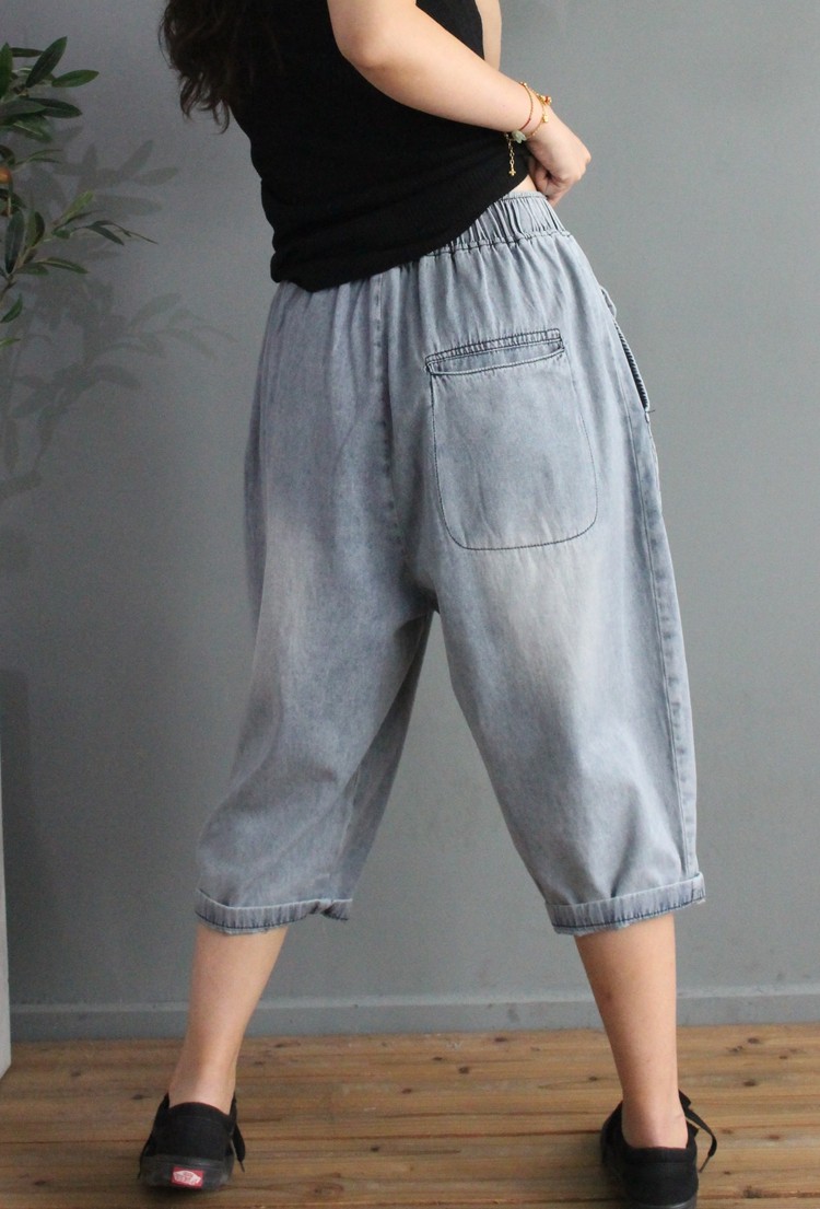 裤子百搭新款夏季牛仔裤若溪七分口袋大口蓝色牛仔裤