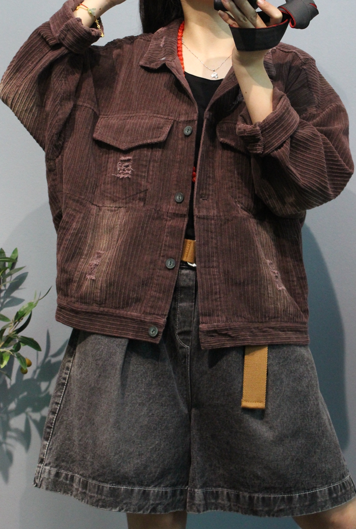 外套休闲连帽粗条灯芯绒2020秋冬新款破洞磨白短外套