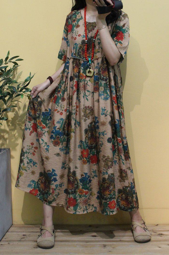 2020夏季新款文艺麻丝印花中长连衣裙宽松遮肉连衣裙