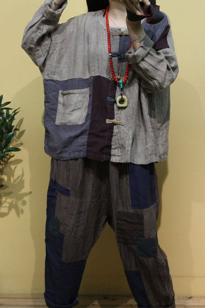 丐帮乞丐复古盘扣棉麻拼色衬衫2020衬衫