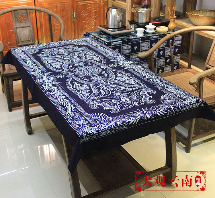 苗族图腾蜡染桌布长方形纯棉台布客厅书房装饰苗族蜡染