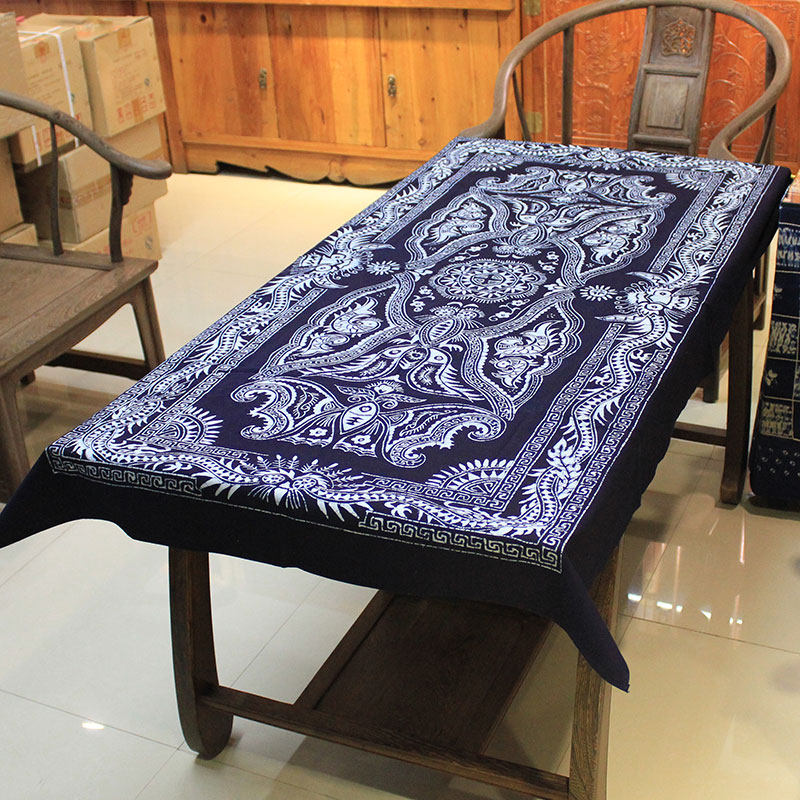 苗族图腾蜡染桌布长方形纯棉台布客厅书房装饰苗族蜡染