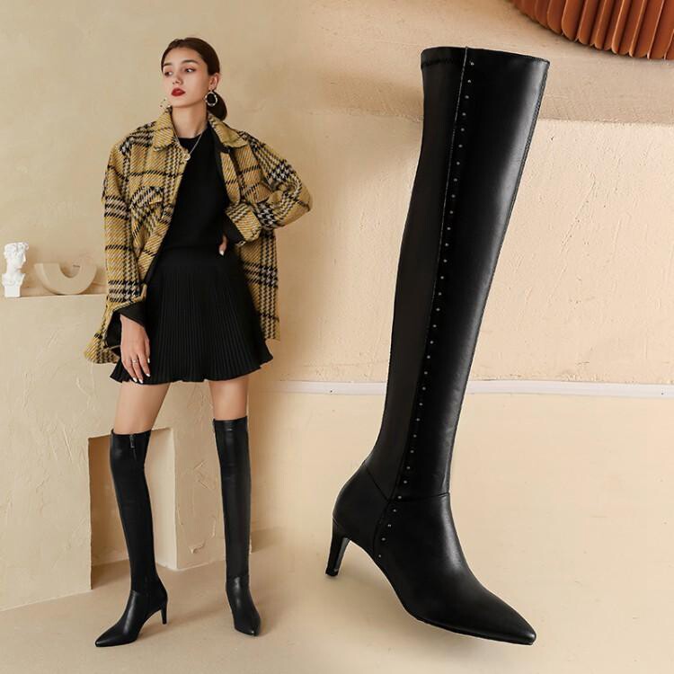 2020尖头女鞋靴子子女细跟高跟过膝长靴长筒时装靴