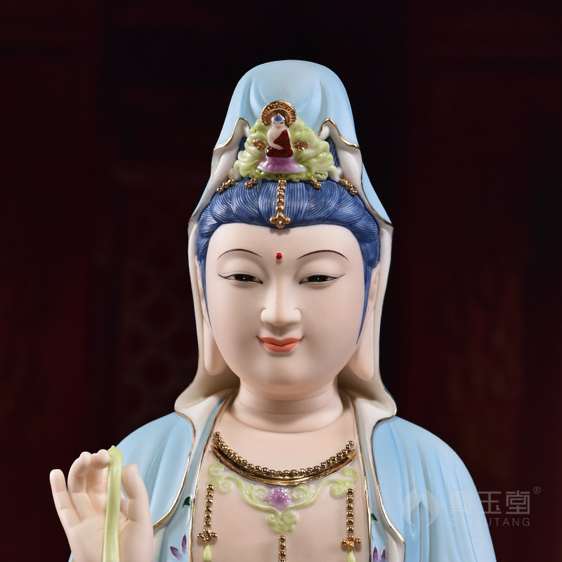 戴玉堂陶瓷摆件蓝衣彩坐莲观音世音菩萨佛像居家摆件