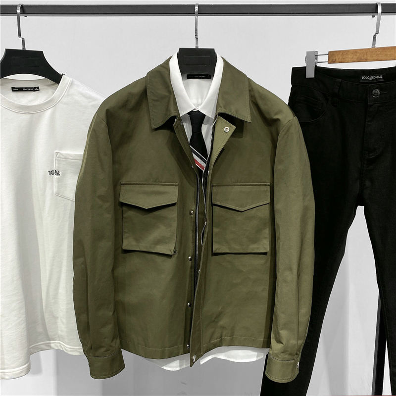 潮牌2021年男秋季新品纯色微阔翻领双口袋工装夹克外套宽松茄克衫