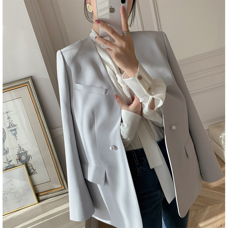 mona原创女装珍珠无领小西西服轻奢时髦气质西装
