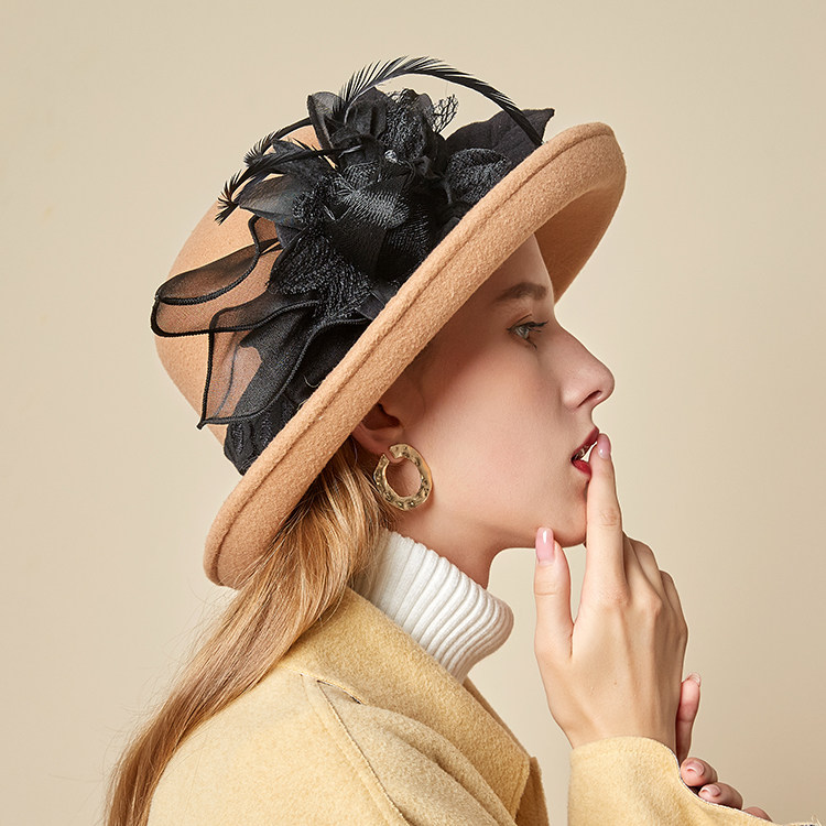 帽子女士秋冬英伦复古时装帽韩版羽毛花朵羊毛帽子