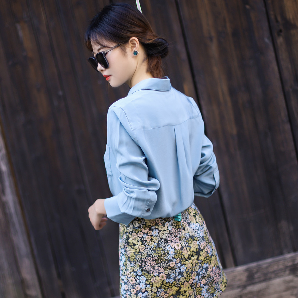 基本款 浅蓝色真丝衬衫女 时尚洋气 100% 桑蚕丝上衣衬衣女大码
