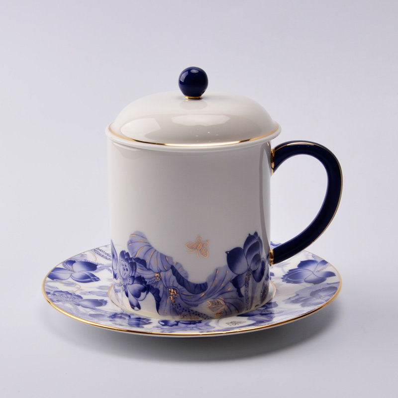 国瓷永丰源中秋幸福和鸣350ml3件套盖杯陶瓷会议茶杯