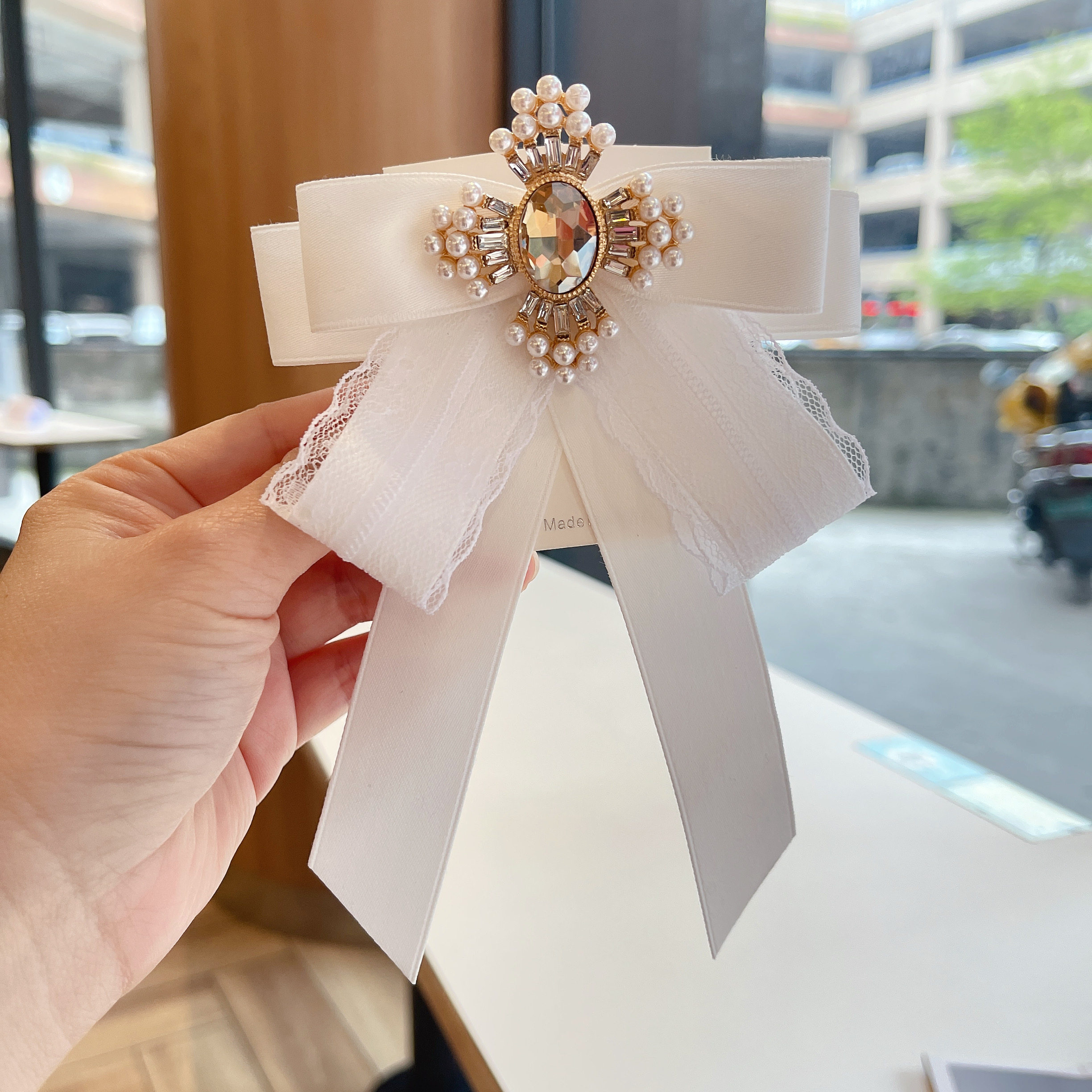 韩版粉色珍珠蕾丝蝴蝶结领结女衬衫领口装饰品飘带领结