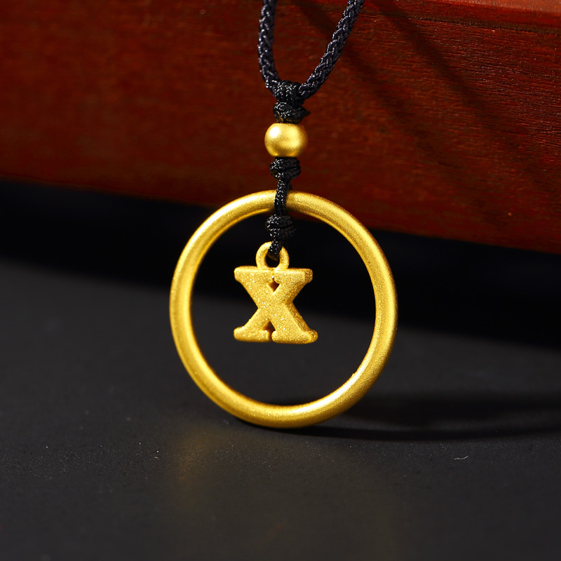 红色年轮黄金字母吊坠足金转运珠光光圈小素圈戒指颈饰