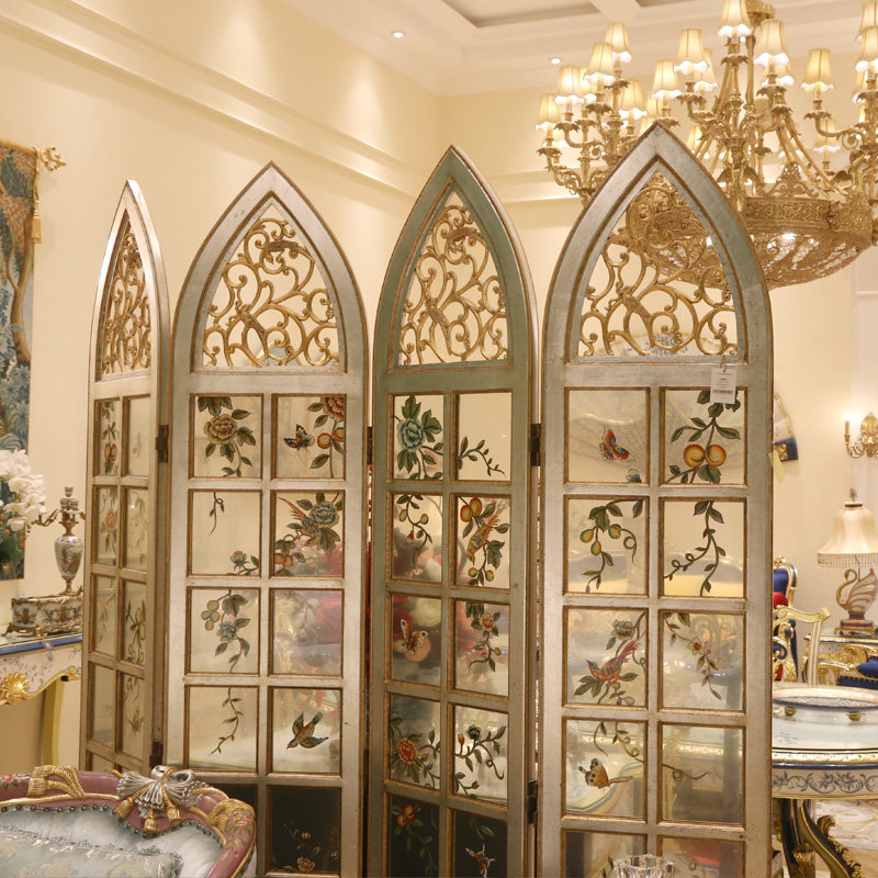 茱莉安法式奢华艺术屏风隔断雕花手绘风景贴金折屏