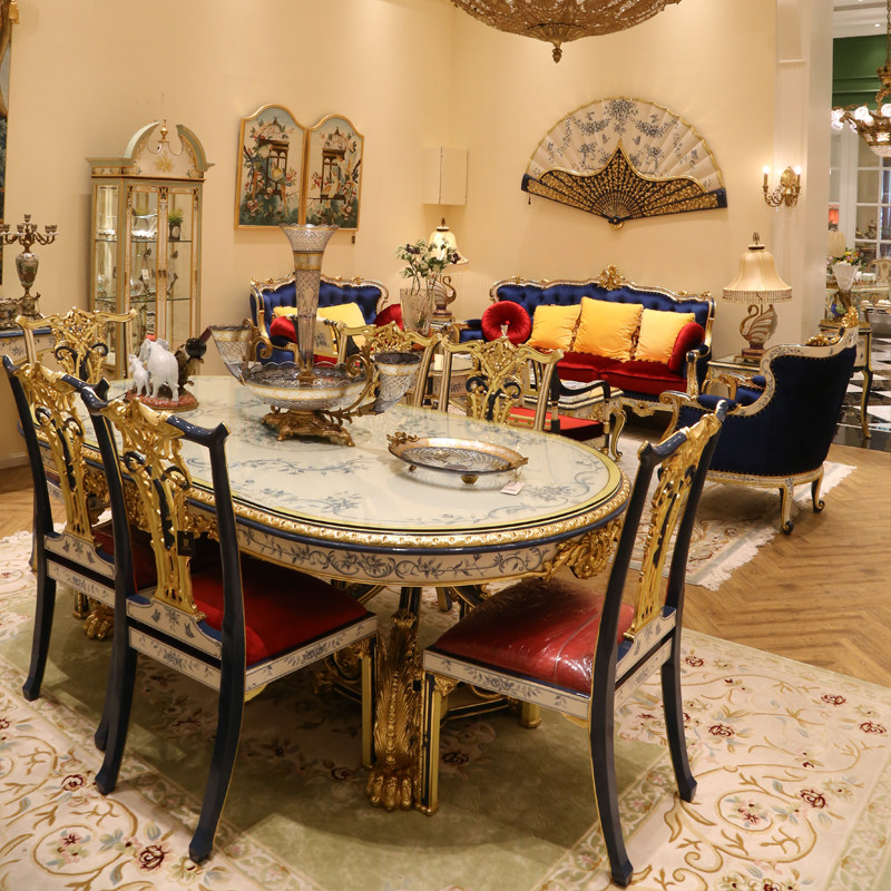 凤凰美居奢华法式中国国风手绘青花客厅22米大餐餐桌