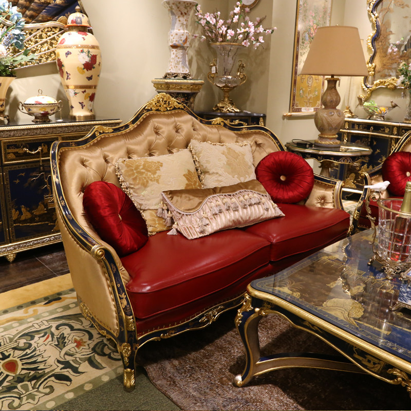 茱莉安法式奢华实木手工雕刻贴金金箔头层牛皮实木沙发